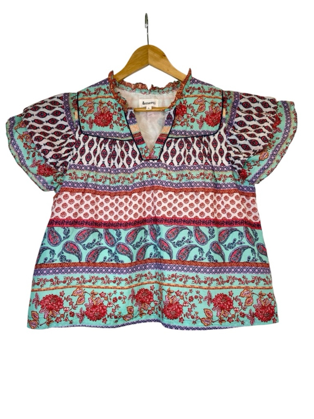 &Merci Womans Top Large Floral Tiered Ruffle Short Sleeve Peasant Boho Blouse
